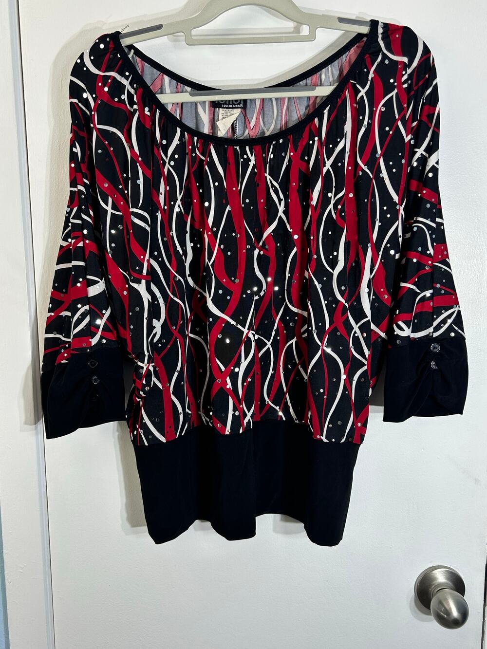 Y2K VTG Cropped Blouse Size 2XL Black Red Sequined Whimsigoth Office Siren